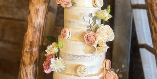 semi naked wedding cake montague farm macarons