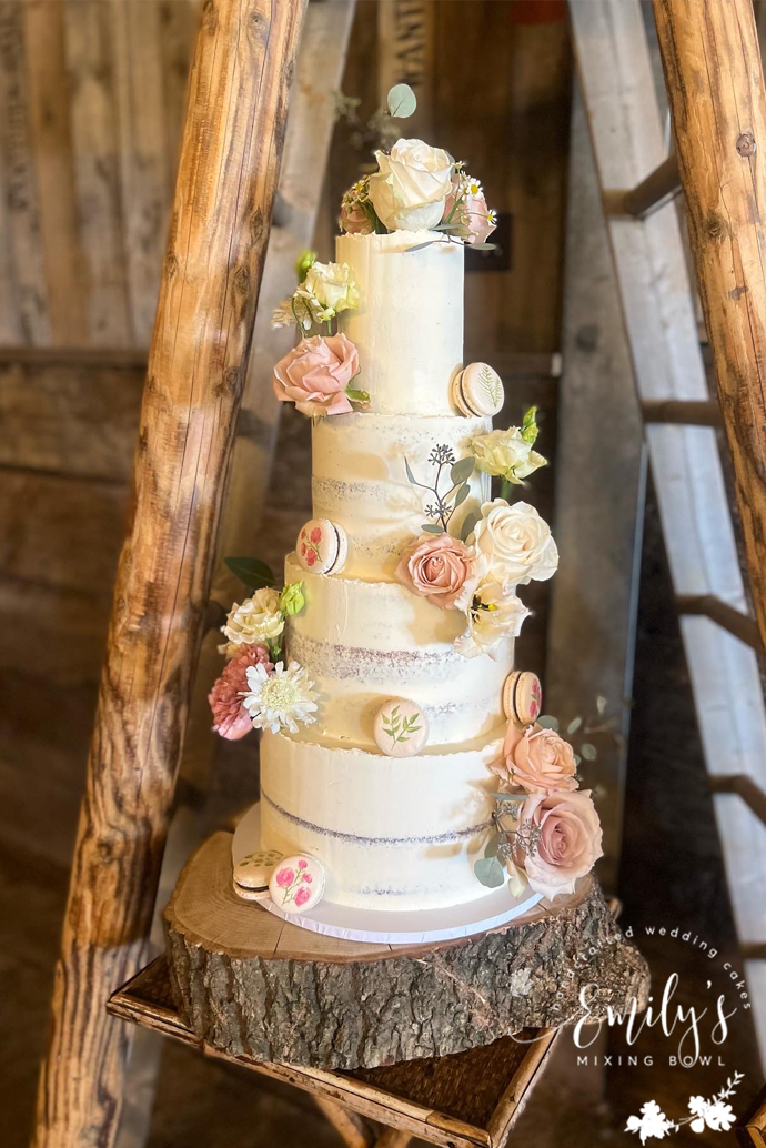 semi naked wedding cake montague farm macarons
