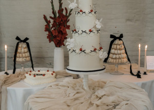 vintage wedding cake set up fire place